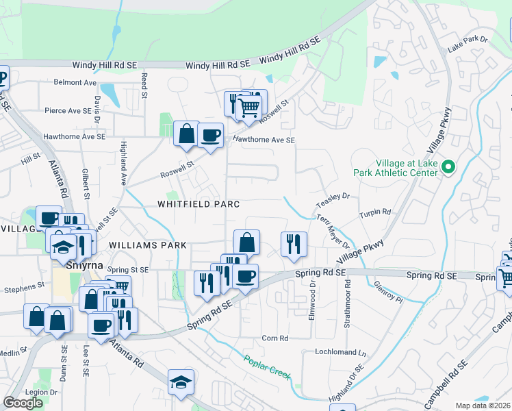 map of restaurants, bars, coffee shops, grocery stores, and more near 1678 Wynndowne Trail in Smyrna