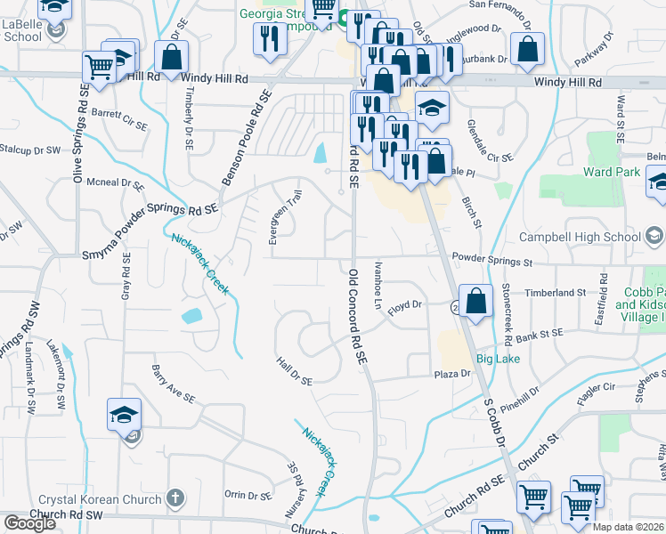map of restaurants, bars, coffee shops, grocery stores, and more near 302 Hickory Springs Drive Southeast in Smyrna