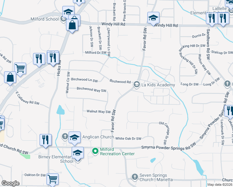 map of restaurants, bars, coffee shops, grocery stores, and more near 2739 White Oak Lane in Marietta
