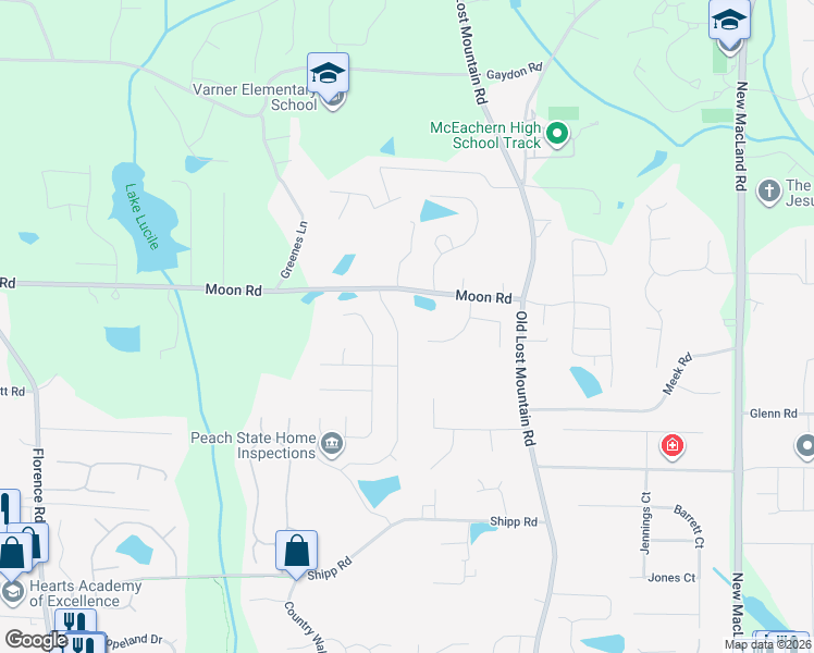 map of restaurants, bars, coffee shops, grocery stores, and more near 2815 Lost Lakes Way in Powder Springs