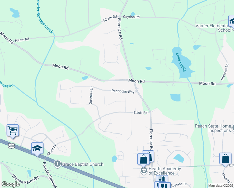 map of restaurants, bars, coffee shops, grocery stores, and more near 1155 Paddocks Way in Powder Springs