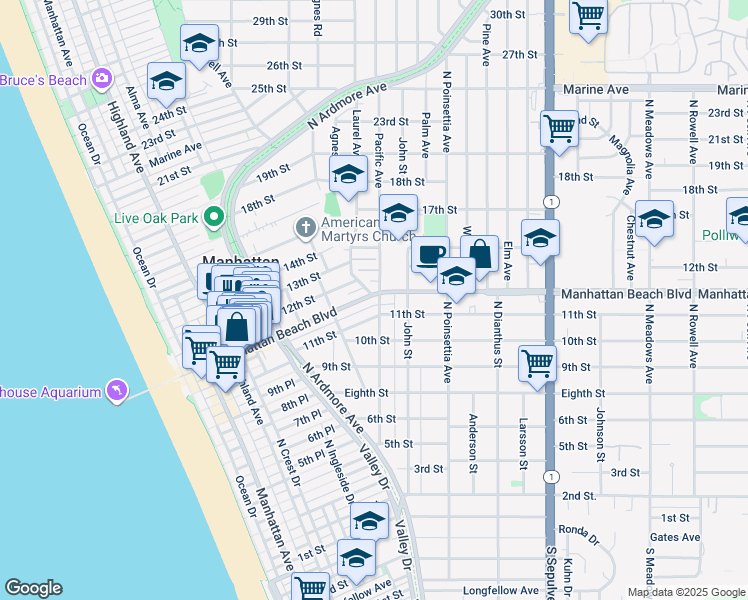 map of restaurants, bars, coffee shops, grocery stores, and more near 1117 Pacific Avenue in Manhattan Beach