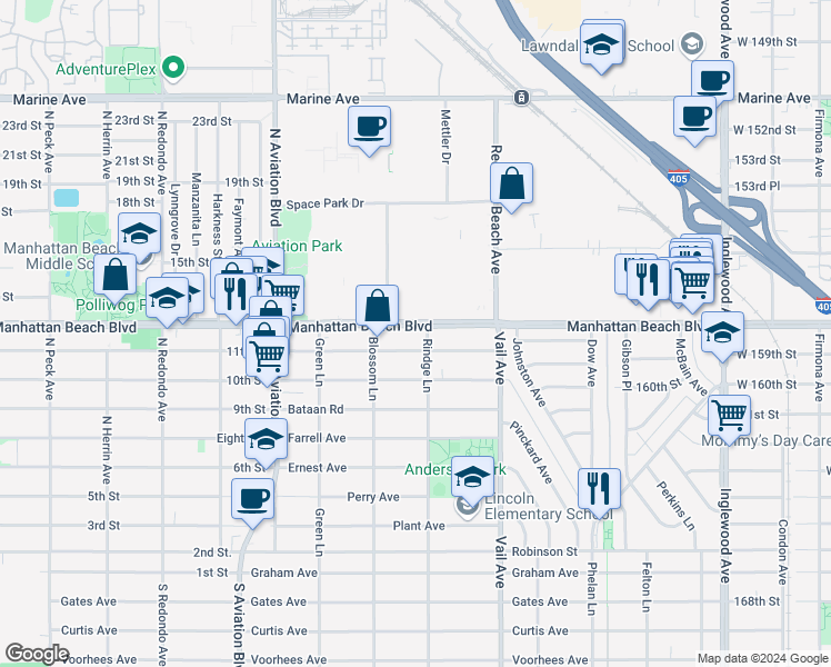map of restaurants, bars, coffee shops, grocery stores, and more near 2118 Manhattan Beach Boulevard in Redondo Beach
