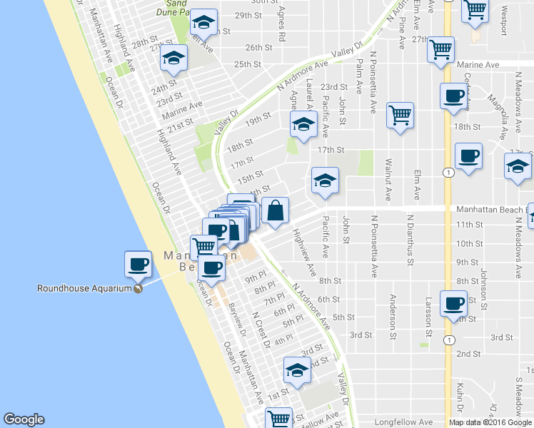 map of restaurants, bars, coffee shops, grocery stores, and more near 1204 Fisher Avenue in Manhattan Beach