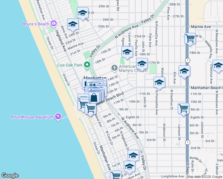 map of restaurants, bars, coffee shops, grocery stores, and more near 1204 Fisher Avenue in Manhattan Beach