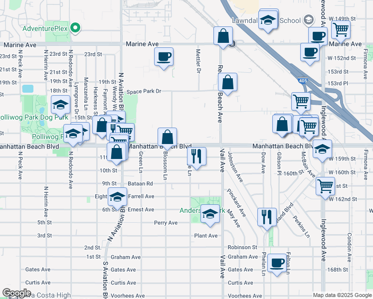 map of restaurants, bars, coffee shops, grocery stores, and more near 2120 Manhattan Beach Boulevard in Redondo Beach
