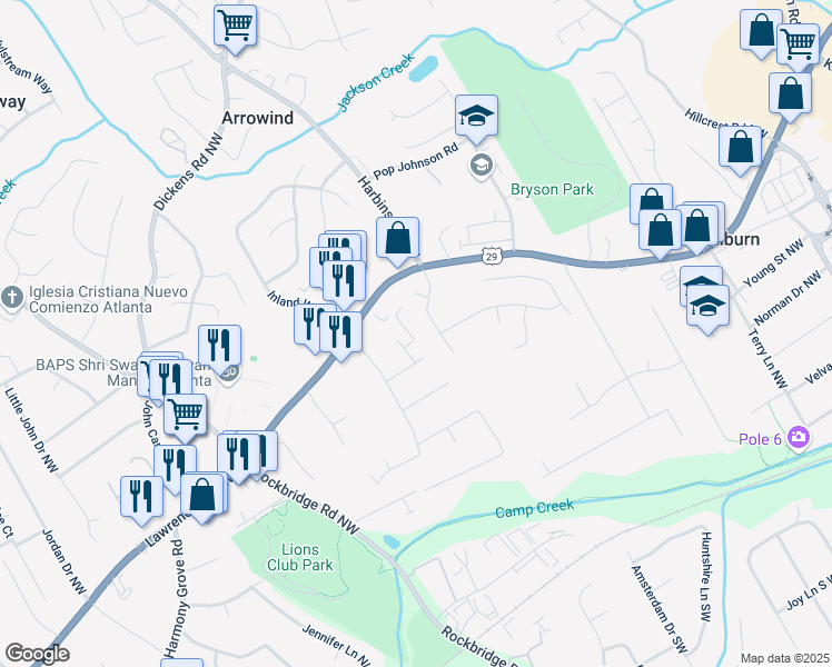 map of restaurants, bars, coffee shops, grocery stores, and more near 266 Harbins Road Northwest in Lilburn