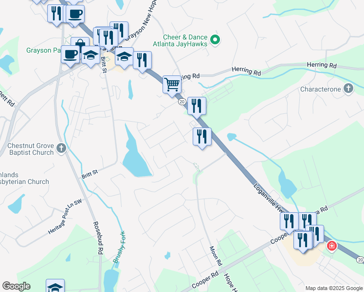 map of restaurants, bars, coffee shops, grocery stores, and more near 777 Ruddy Drive in Grayson