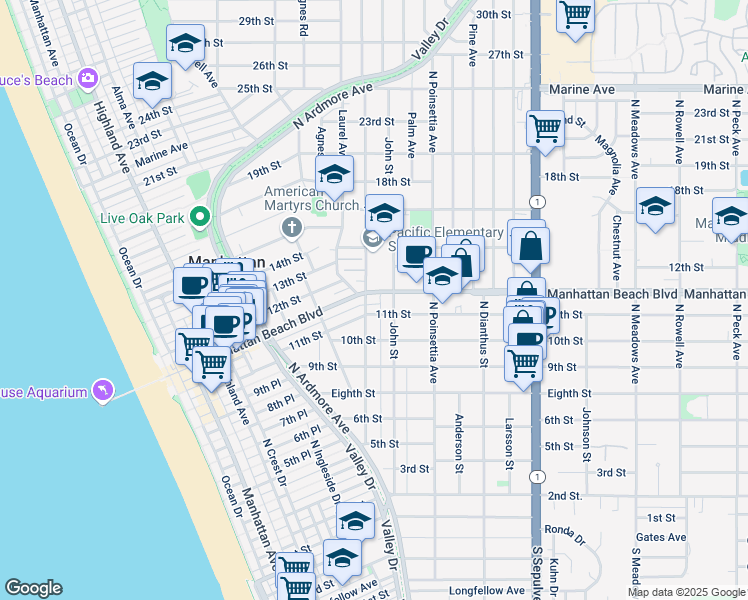 map of restaurants, bars, coffee shops, grocery stores, and more near 822 11th Street in Manhattan Beach