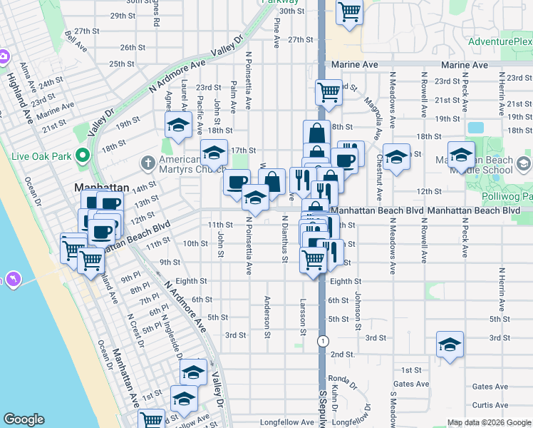 map of restaurants, bars, coffee shops, grocery stores, and more near 926 Manhattan Beach Boulevard in Manhattan Beach