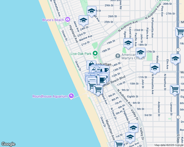 map of restaurants, bars, coffee shops, grocery stores, and more near 1409 Highland Avenue in Manhattan Beach