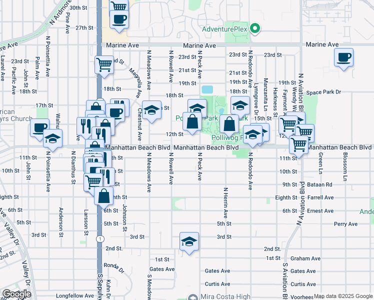 map of restaurants, bars, coffee shops, grocery stores, and more near 1420 11th Street in Manhattan Beach