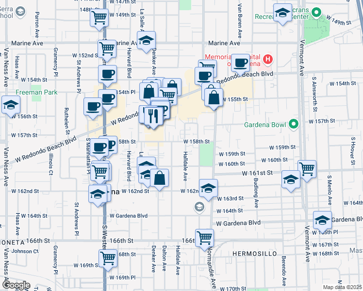 map of restaurants, bars, coffee shops, grocery stores, and more near 15827 Halldale Avenue in Gardena