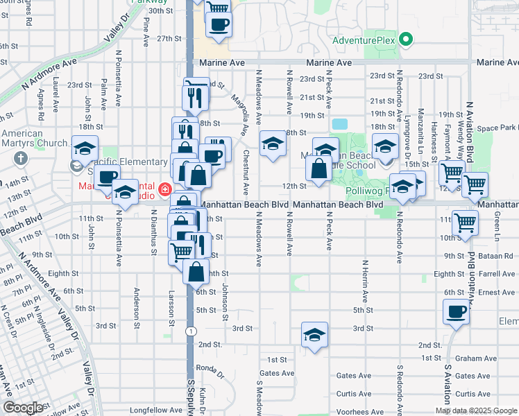 map of restaurants, bars, coffee shops, grocery stores, and more near 1100 North Meadows Avenue in Manhattan Beach