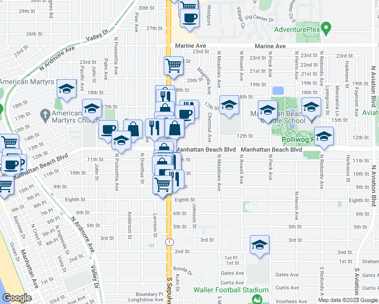 map of restaurants, bars, coffee shops, grocery stores, and more near 1150 Manhattan Beach Boulevard in Manhattan Beach
