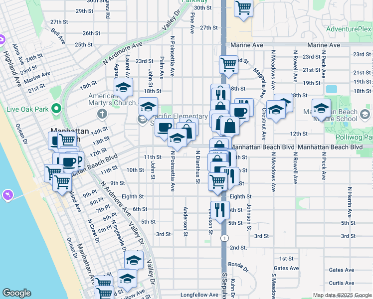 map of restaurants, bars, coffee shops, grocery stores, and more near 922 11th Street in Manhattan Beach