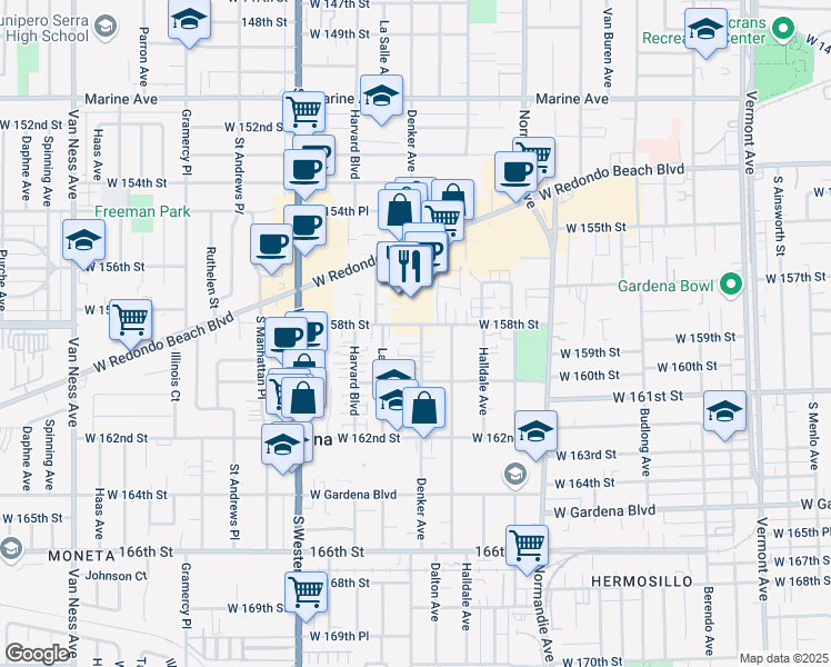 map of restaurants, bars, coffee shops, grocery stores, and more near 1604 West 158th Street in Gardena