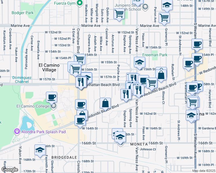 map of restaurants, bars, coffee shops, grocery stores, and more near 2612 Manhattan Beach Boulevard in Gardena