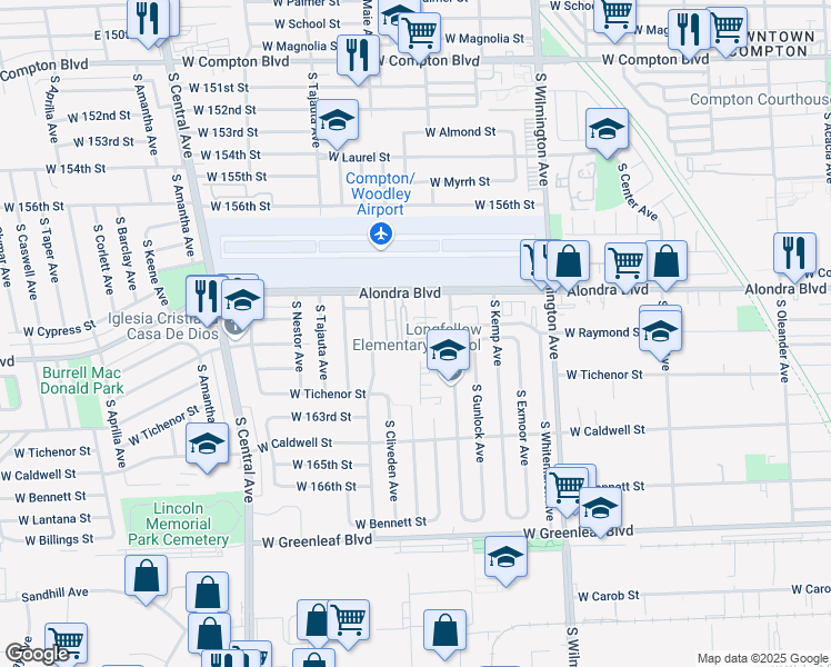 map of restaurants, bars, coffee shops, grocery stores, and more near 1041 West Reeve Street in Compton