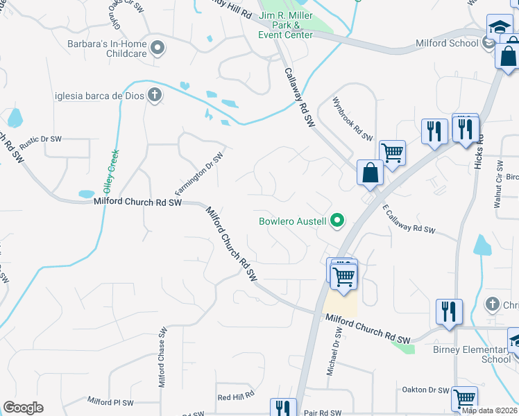map of restaurants, bars, coffee shops, grocery stores, and more near 1207 Everwood Dr SW in Marietta