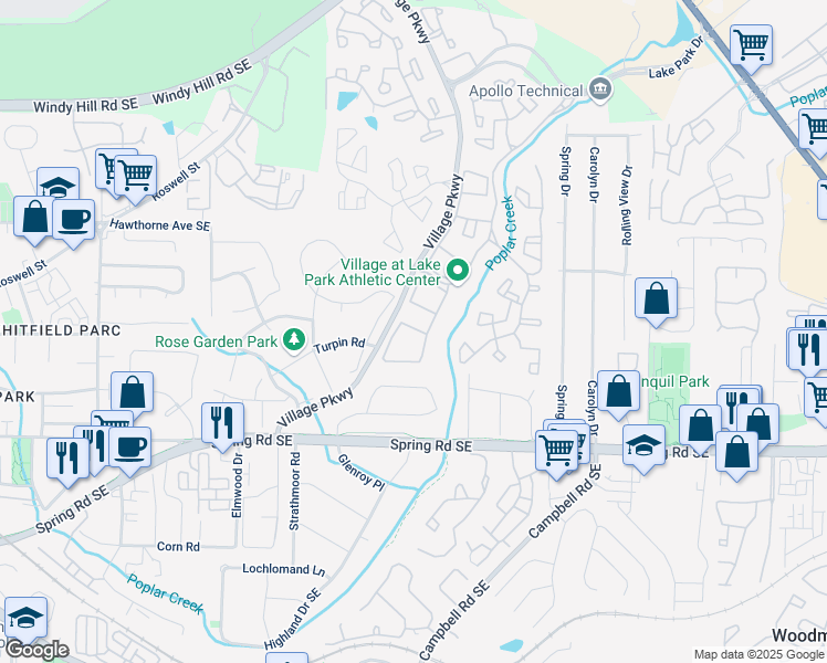 map of restaurants, bars, coffee shops, grocery stores, and more near 2085 Lake Park Drive Southeast in Marietta