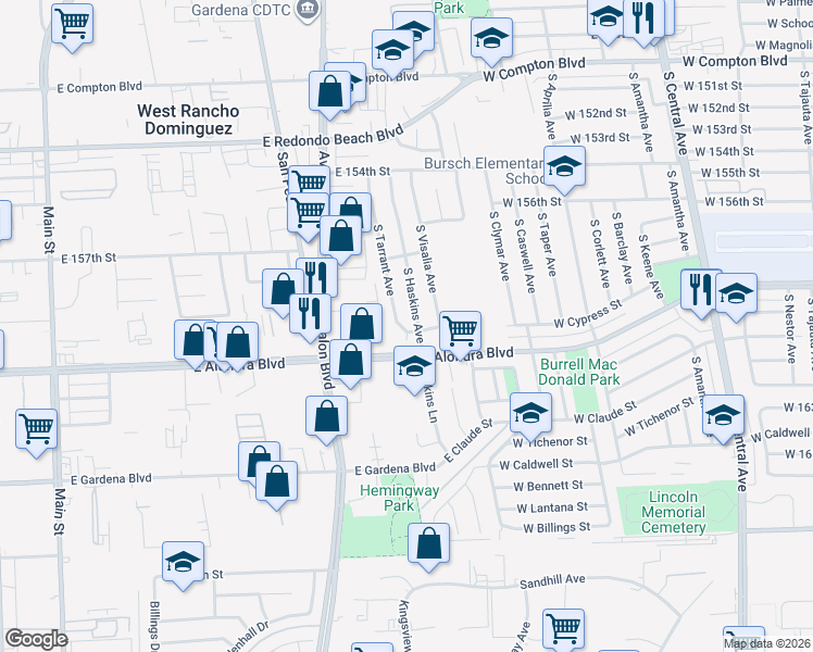 map of restaurants, bars, coffee shops, grocery stores, and more near 15855 South Haskins Avenue in Compton