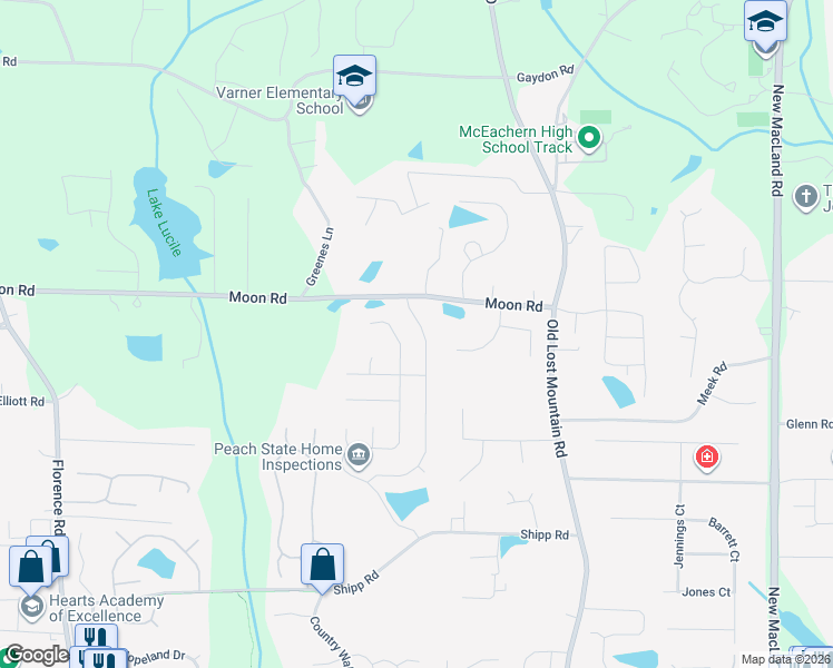 map of restaurants, bars, coffee shops, grocery stores, and more near 2816 Lost Lakes Way in Powder Springs