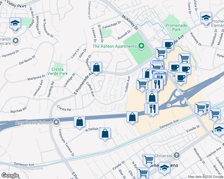 map of restaurants, bars, coffee shops, grocery stores, and more near 441 Wellesley Drive in Corona