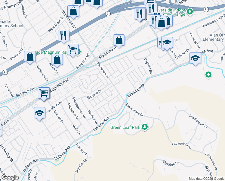 map of restaurants, bars, coffee shops, grocery stores, and more near 3500 Buchanan street in Riverside