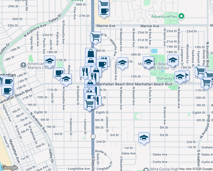 map of restaurants, bars, coffee shops, grocery stores, and more near 1206 11th Street in Manhattan Beach
