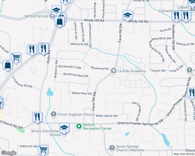 map of restaurants, bars, coffee shops, grocery stores, and more near 2739 White Oak Lane in Marietta