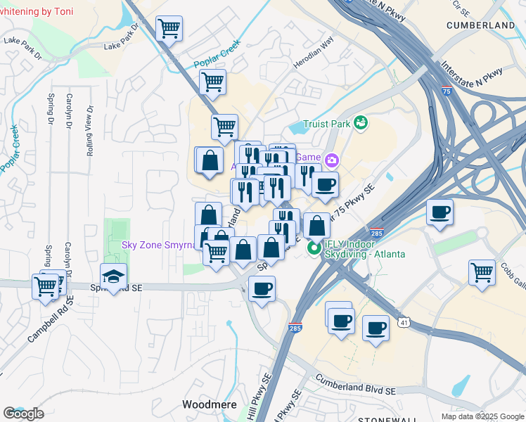 map of restaurants, bars, coffee shops, grocery stores, and more near 2750 Cobb Pkwy SE in Smyrna