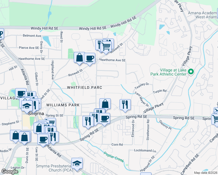 map of restaurants, bars, coffee shops, grocery stores, and more near 1678 Wynndowne Trail in Smyrna