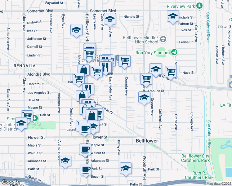 map of restaurants, bars, coffee shops, grocery stores, and more near 16224 1/2 Eucalyptus Avenue in Bellflower