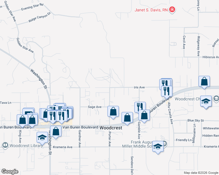 map of restaurants, bars, coffee shops, grocery stores, and more near 17500 Iris Avenue in Riverside