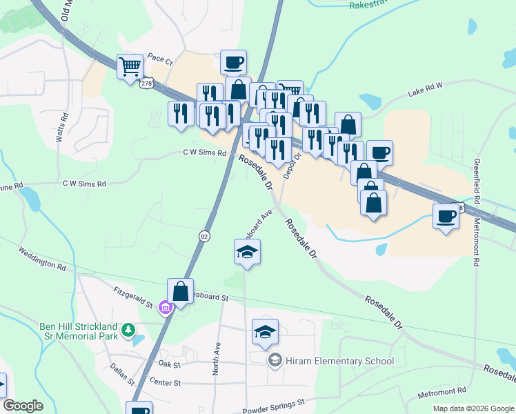 map of restaurants, bars, coffee shops, grocery stores, and more near 2852 Seaboard Avenue in Hiram