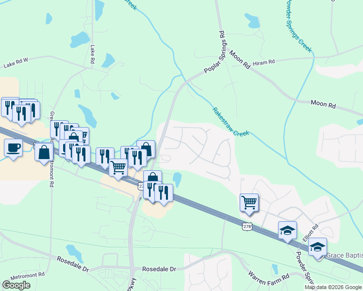 map of restaurants, bars, coffee shops, grocery stores, and more near 108 Poplar Farms Drive in Hiram