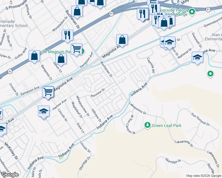 map of restaurants, bars, coffee shops, grocery stores, and more near 3590 Buchanan St in Riverside