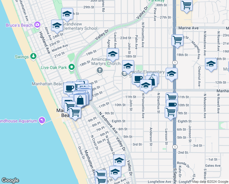 map of restaurants, bars, coffee shops, grocery stores, and more near 741 Manhattan Beach Boulevard in Manhattan Beach