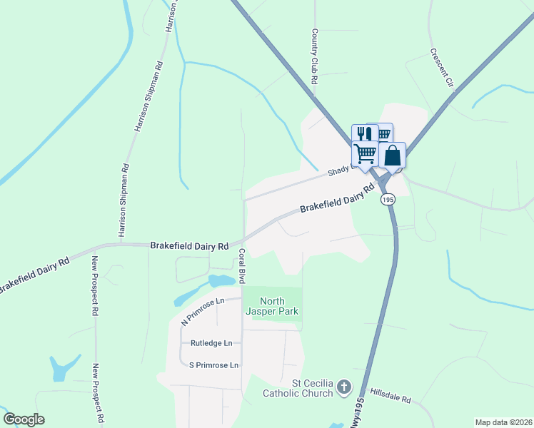 map of restaurants, bars, coffee shops, grocery stores, and more near 1000-1016 Roy Bennett Circle in Jasper