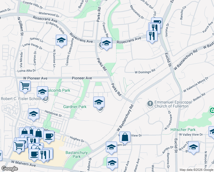 map of restaurants, bars, coffee shops, grocery stores, and more near 1832 Catlin Street in Fullerton