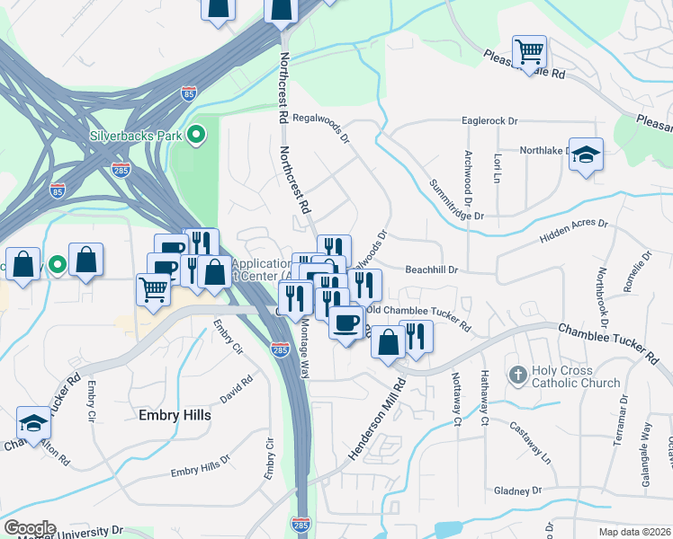 map of restaurants, bars, coffee shops, grocery stores, and more near 3295 Regalwoods Drive in Doraville