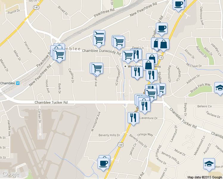 map of restaurants, bars, coffee shops, grocery stores, and more near 3200 Cumberland Drive in Atlanta