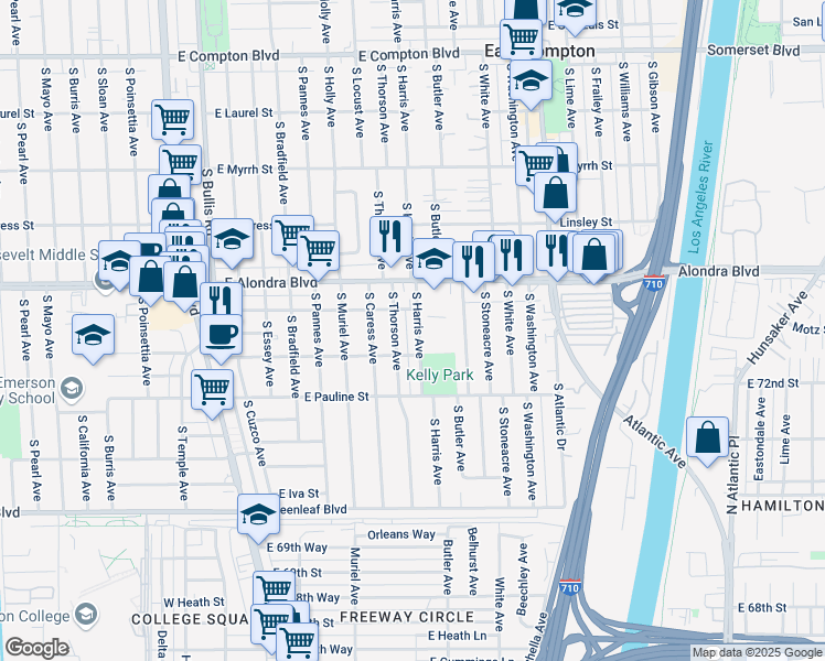 map of restaurants, bars, coffee shops, grocery stores, and more near 16121 South Harris Avenue in Compton