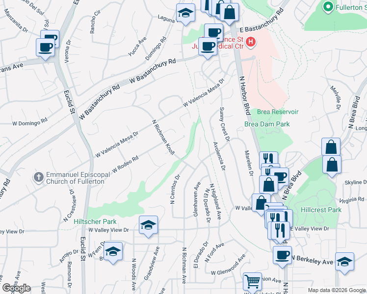 map of restaurants, bars, coffee shops, grocery stores, and more near 1102 North Richman Knoll in Fullerton