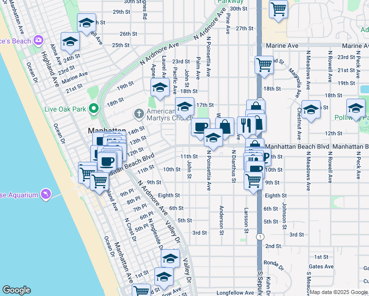 map of restaurants, bars, coffee shops, grocery stores, and more near 822 11th Street in Manhattan Beach