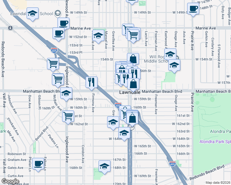 map of restaurants, bars, coffee shops, grocery stores, and more near 15802 Grevillea Avenue in Lawndale