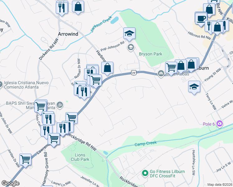 map of restaurants, bars, coffee shops, grocery stores, and more near 296 Harbins Road Northwest in Lilburn