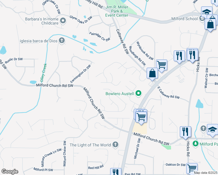 map of restaurants, bars, coffee shops, grocery stores, and more near 1213 Everwood Drive Southwest in Marietta