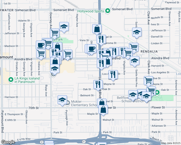 map of restaurants, bars, coffee shops, grocery stores, and more near 8812 Dunbar Street in Bellflower